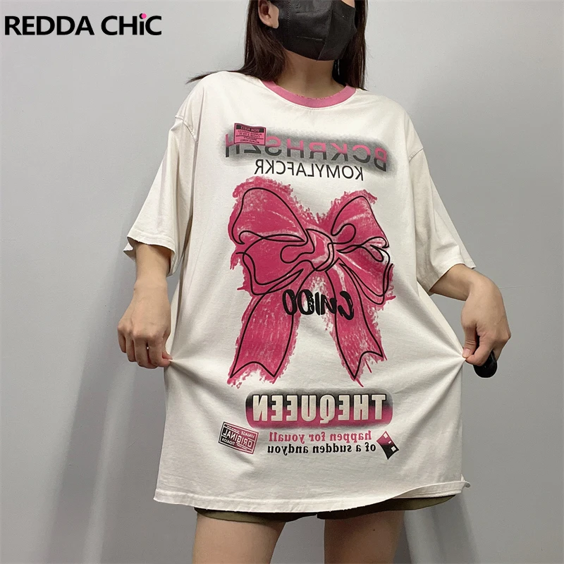 

ReddaChic Aesthetic Print Bow Oversize Top Women Color Block Cotton Frayed Short Sleeve Loose Casual Graphic T-shirt Y2k Clothes