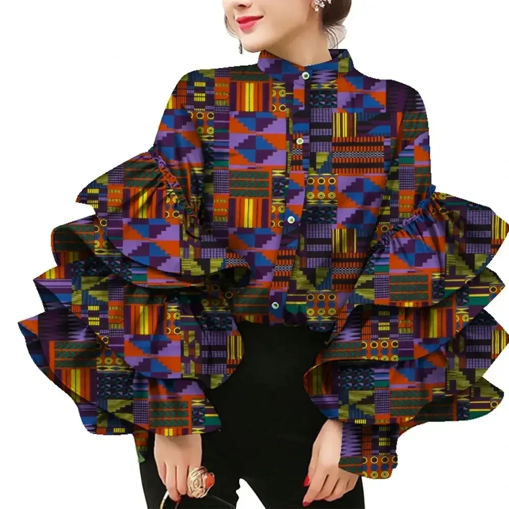 African Dress Shirt Stand Collar Layers Flare Sleeve Blouses for Women Wax Print Cotton Top Plus Size Lady Clothes Party WY8635