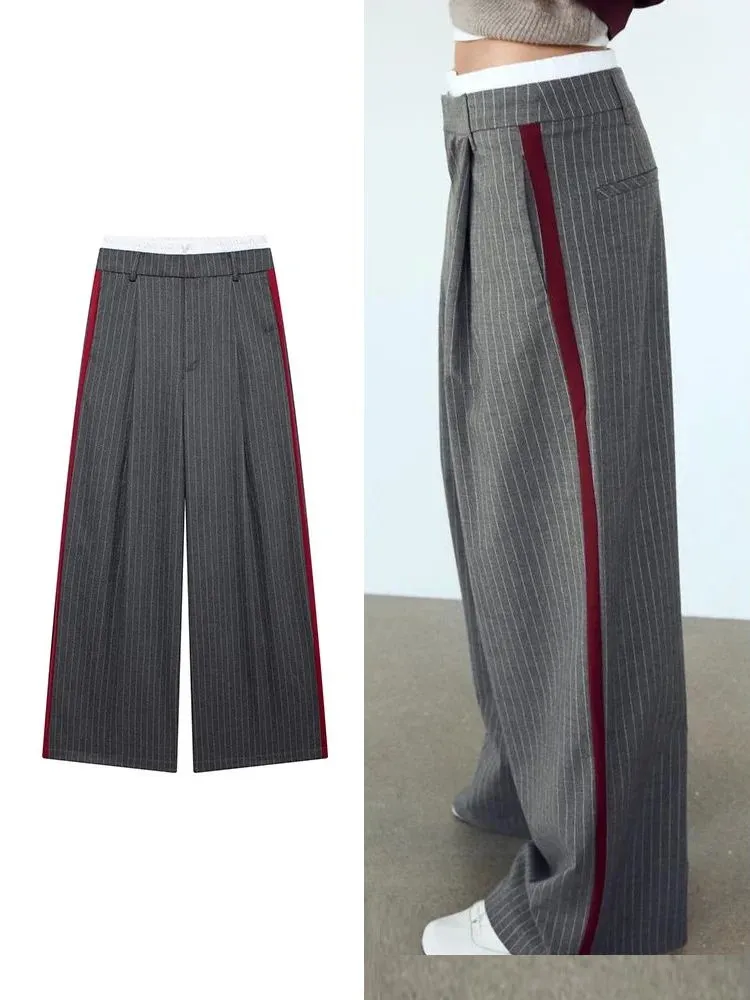 Women's Versatile Color Block Thin Stripe Straight Casual Pants Street Style Asymmetric Trousers Natural Waist Long Polyester...