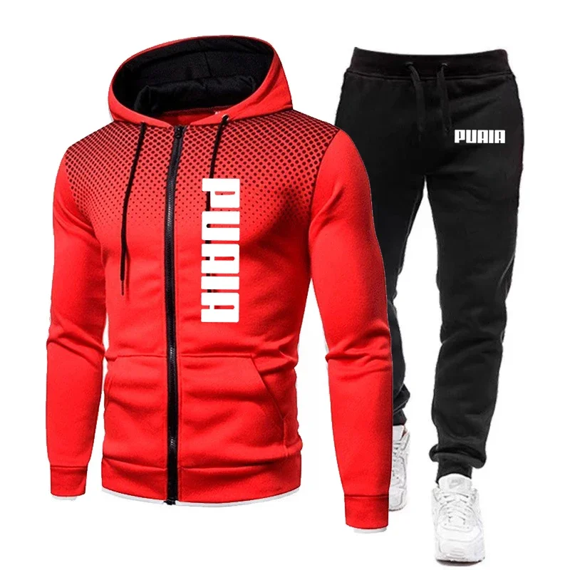 Moletom com capuz e calças estampadas para homens ao ar livre com zíper, roupas esportivas, jogging, calças fitness, outono e inverno, novo, 2 conjuntos