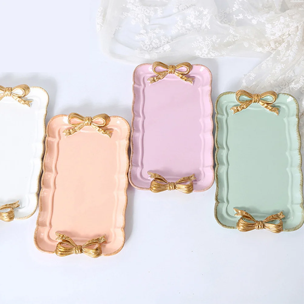 

Retro Bowknot Jewelry Dish Dessert Tray Resin Decorative Plate For Necklace Keys Holder Gift Macaron Color Light Green