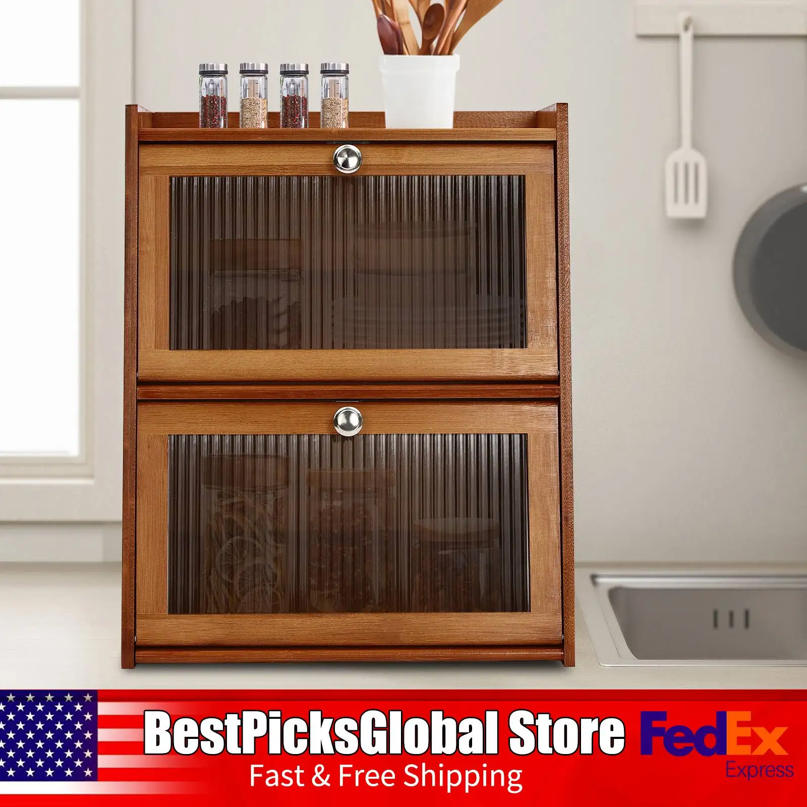 

Mini Kitchen Storage Cabinet with 2 Doors&Handles Dustproof Multi-functional 3 Tiers Organizer for Household, Dark Brown