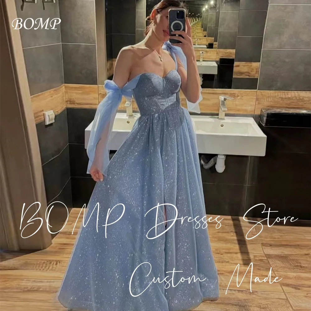 

BOMP Fairy Princess Синее свадебное платье с открытыми плечами и бантом на лентах длиной до пола, вечернее платье Cusom Shiny Saudi Arabic فساتين