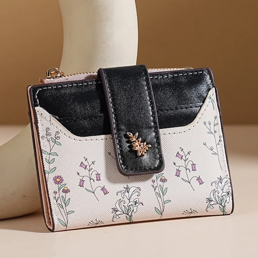 PU Leather Women Purse Hasp Closure Multi-Cards Short Cash Wallet Compact Small Flowers Pattern Card Bag Wallet For Ladies Girls