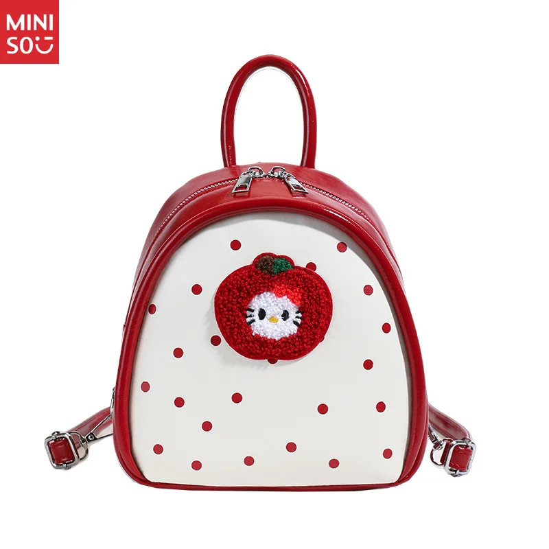 Miniso 2025 Apple Polka Dot Cat Backpack, Cute School Bag for Girls with Top Handle