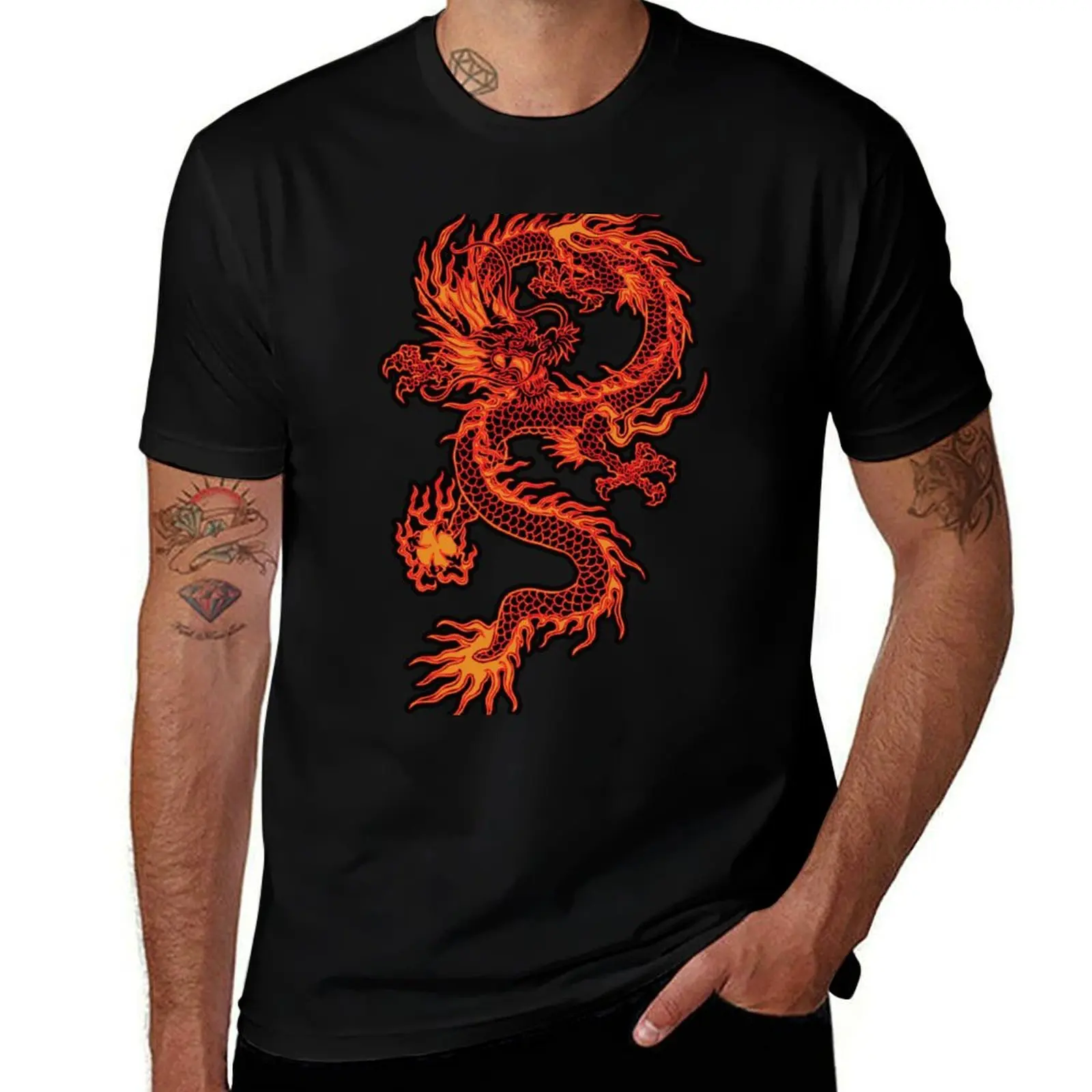 

Mythical Asian Fire Dragon-Red and Orange Dragon Tattoo T-Shirt cotton t shirt pack cotton t shirts man 100% T-shirt