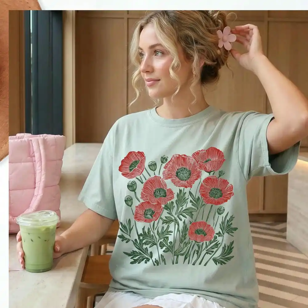 Comfort Poppies Linocut Shirt Floral Linocut Shirt Vintage Boho Poppy Tee Cottagecore Wildflowers T-shirt August Birthday Gift