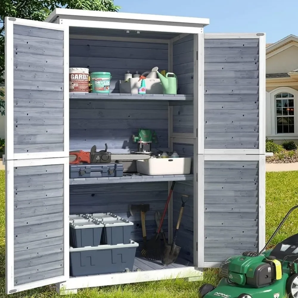 Outdoor Storage Cabinet with 3 Shelves, Double Lockable Wooden Garden Shed with Waterproof Roof, Outside Tool Shed