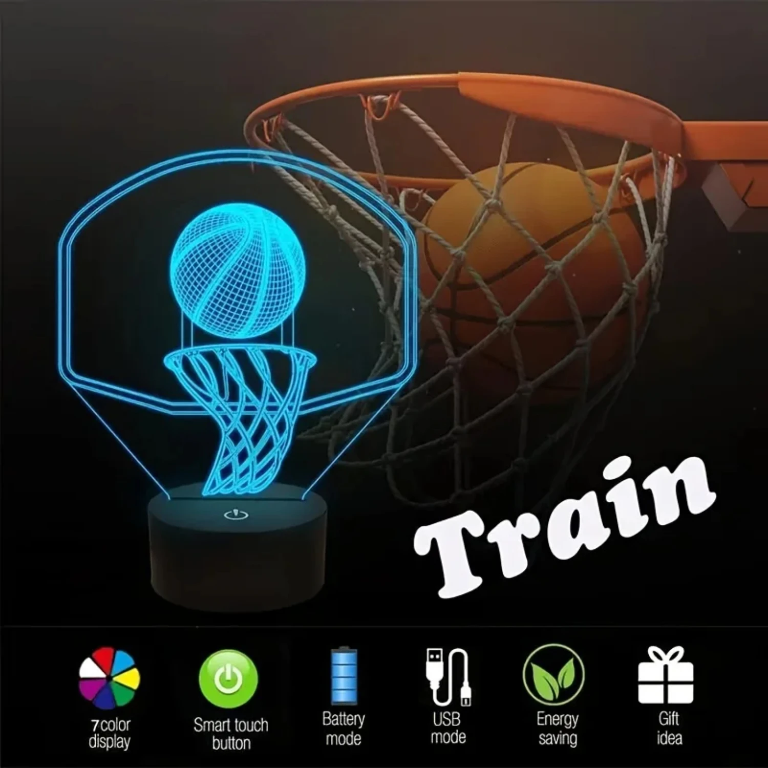 Unique 3D Basketball Hoop Night Light with 7-Color Changing Ambient Light for Bedroom - 1pc - Amazing 3D Optical Illusion Lamp