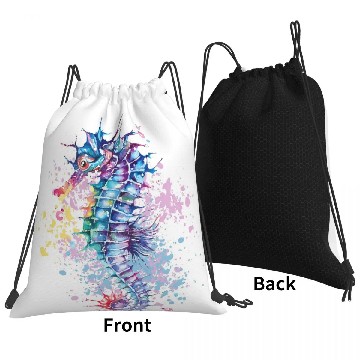 Watercolour Artwork Of Sea Horse Backpacks Drawstring Bags Drawstring Bundle Pocket Sundries Bag Book Bags For Man Woman School