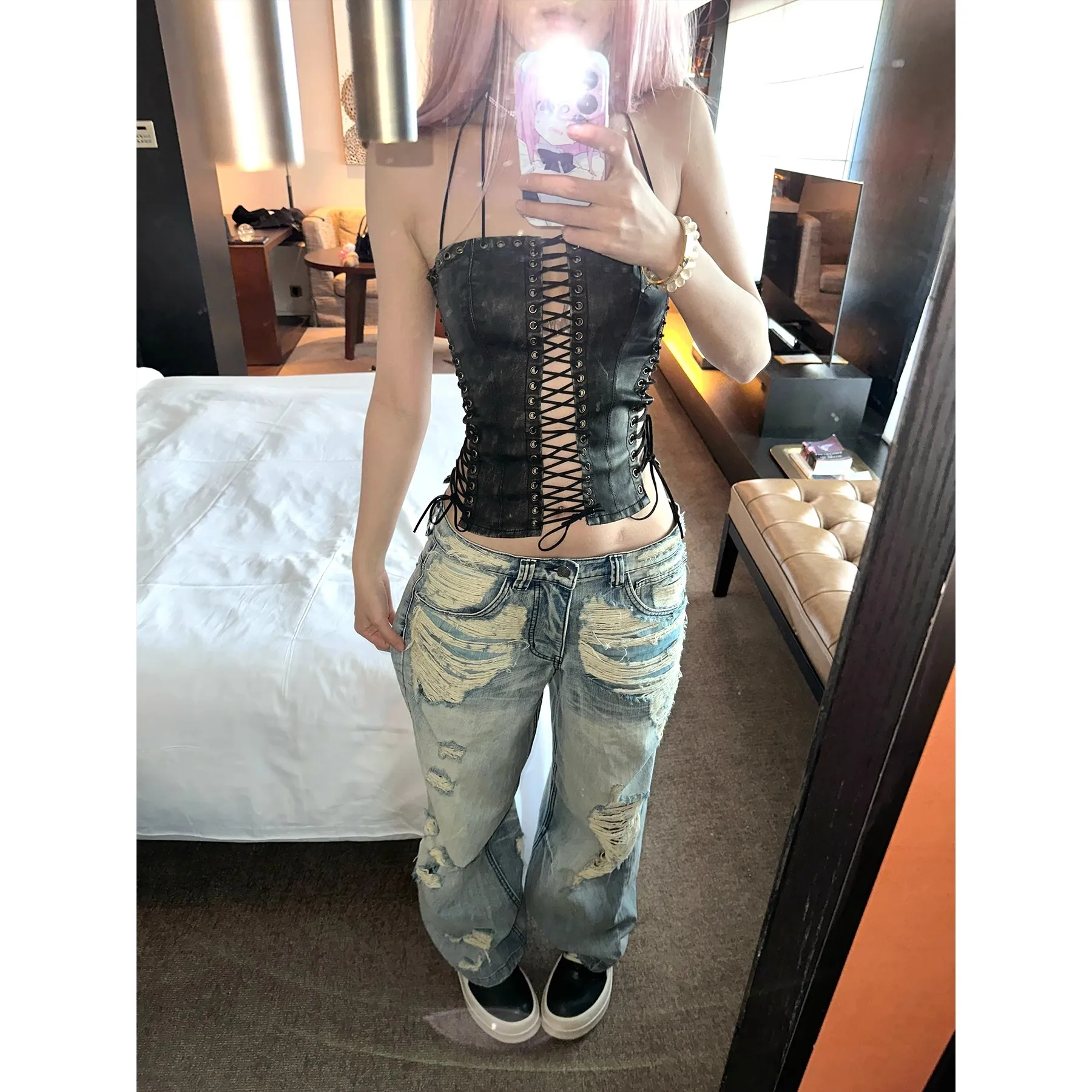American High Street Vintage Jeans for Women's New Low Rise  Retro Straight Leg Floor Pants Pop Gothic Low Waist Wide-leg Pants