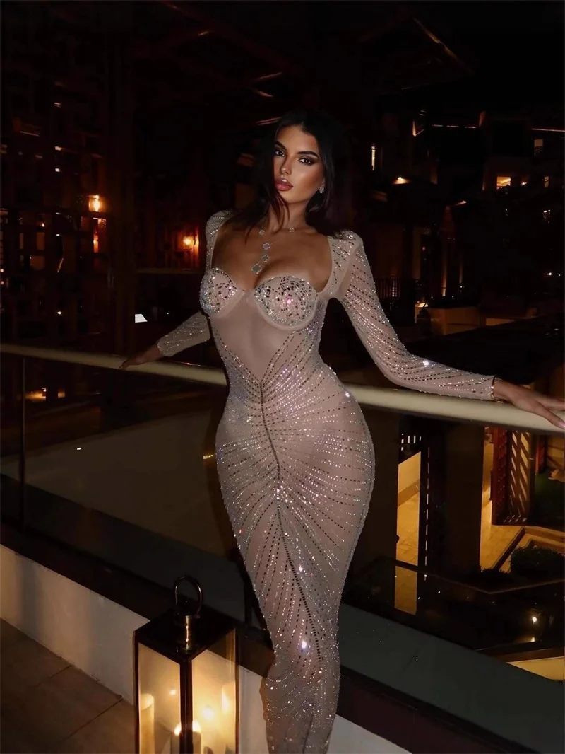 

Shiny Crystals Beige Women's Prom Dress Full Sleeves 2 Pcs Skirt Set Short Pants+Long Formal Sheath Pageant Party Evening Gown