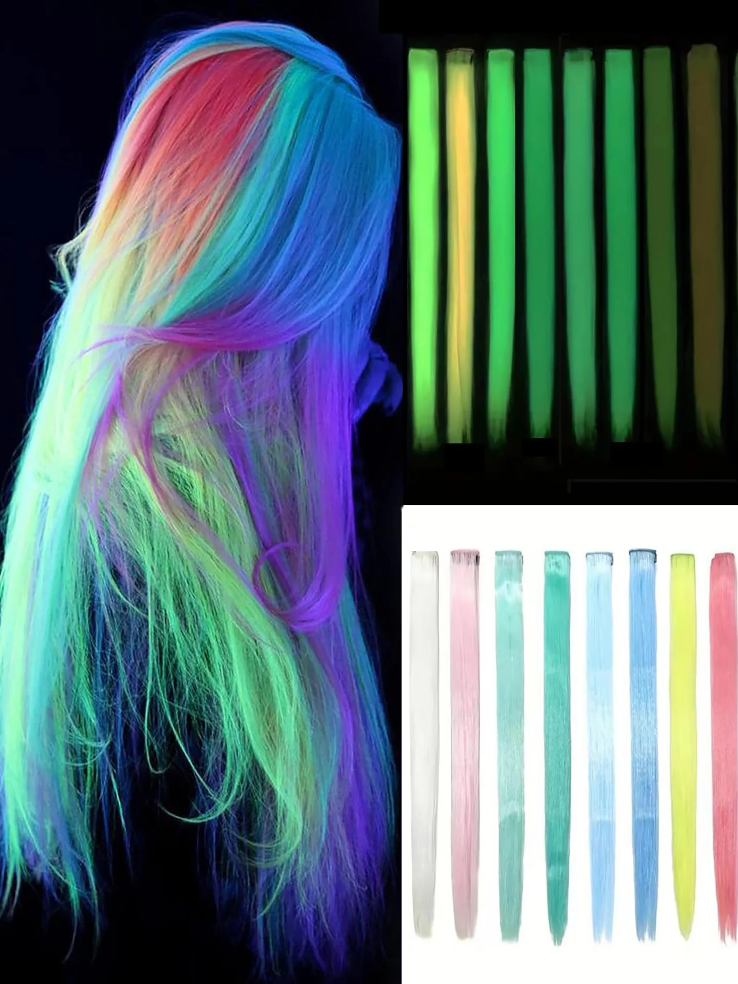 Colored Synthetic Hair Piece Glow in the Dark Clip Hair Extensions Colored Clip in Hair Extensions for Girls 5pc 20Inch