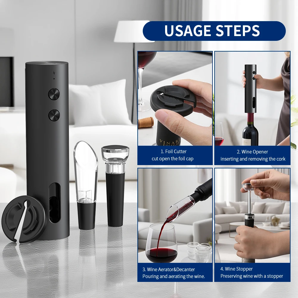 4-in-1 Electric Bottle Wine Opener Set USB Rechargeable Electric Automatic Corkscrew Opener Set Stopper, Pourer view 5