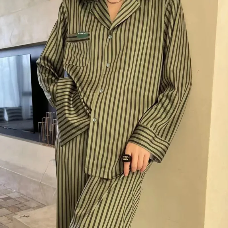 Women\'s Pajamas Sets Spring Autumn 2 Piece Striped Print Pyjama Faux Silk Satin Sleepwear Long Sleeve Pijama Mujer Pjs Homewear