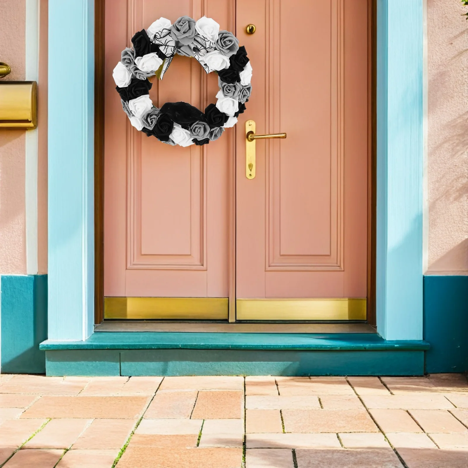 

Black White Rose Halloween Wreath Crow Center Artificial Gothic Front Door Decoration Artificial Halloween Wreath