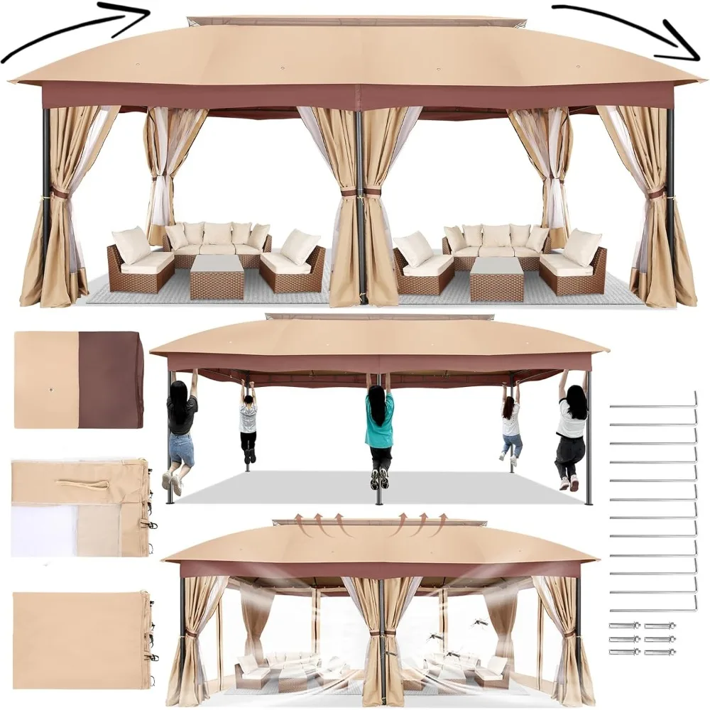 12x20 Gazebo with Curtains Nettings, Outdoor Gazebos, Heavy Duty Gazebos Double Roof with Metal Frame Gazebo Tent