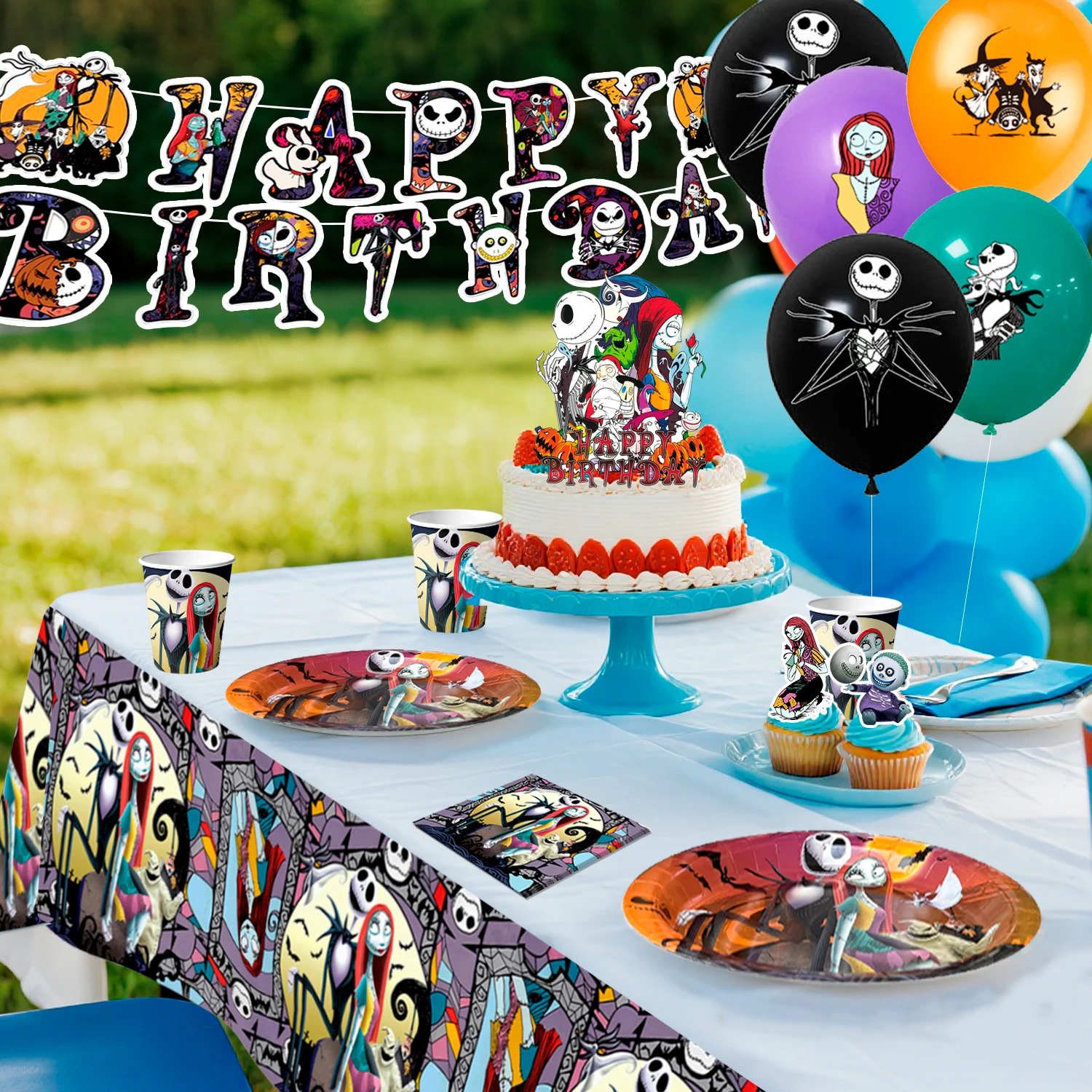 98 Uds. Decoración de fiesta de cumpleaños de pesadilla antes de Navidad y vajilla, platos navideños, tazas, globos, pancarta, telón de fondo, etc.