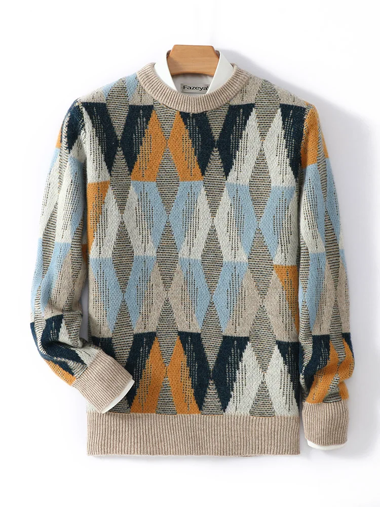 Men's 100% Merino Wool Knitted Sweater Pullover O-neck Vintage Casual Diamond Jacquard Cashmere Autumn Winter Thick Knitwear Top