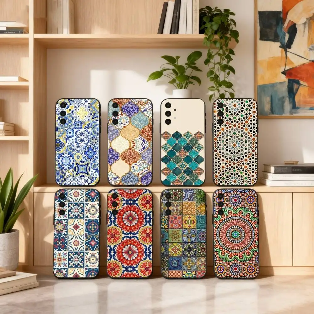 

Cool Art Tile Moroccan Phone Case For Samsung S25,24,23,22,30,21,10,9,Ultra,Plus,Lite,FE,4,5 G Soft Black Case
