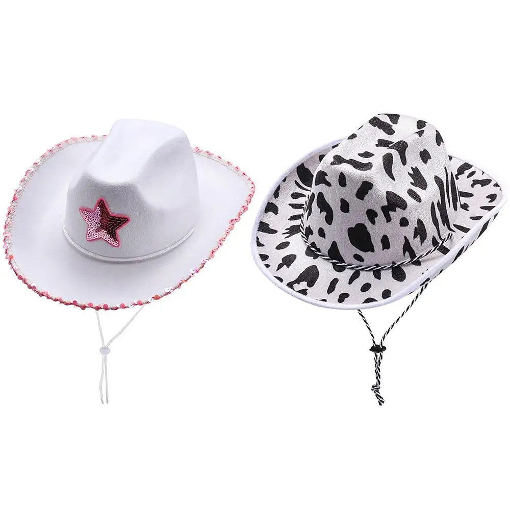 Costume Party Adjustable Play Dress-Up Neck Draw String White Cowgirl Hat Pink Star Cowboy Hat Cow Girl Hat for Women Girls