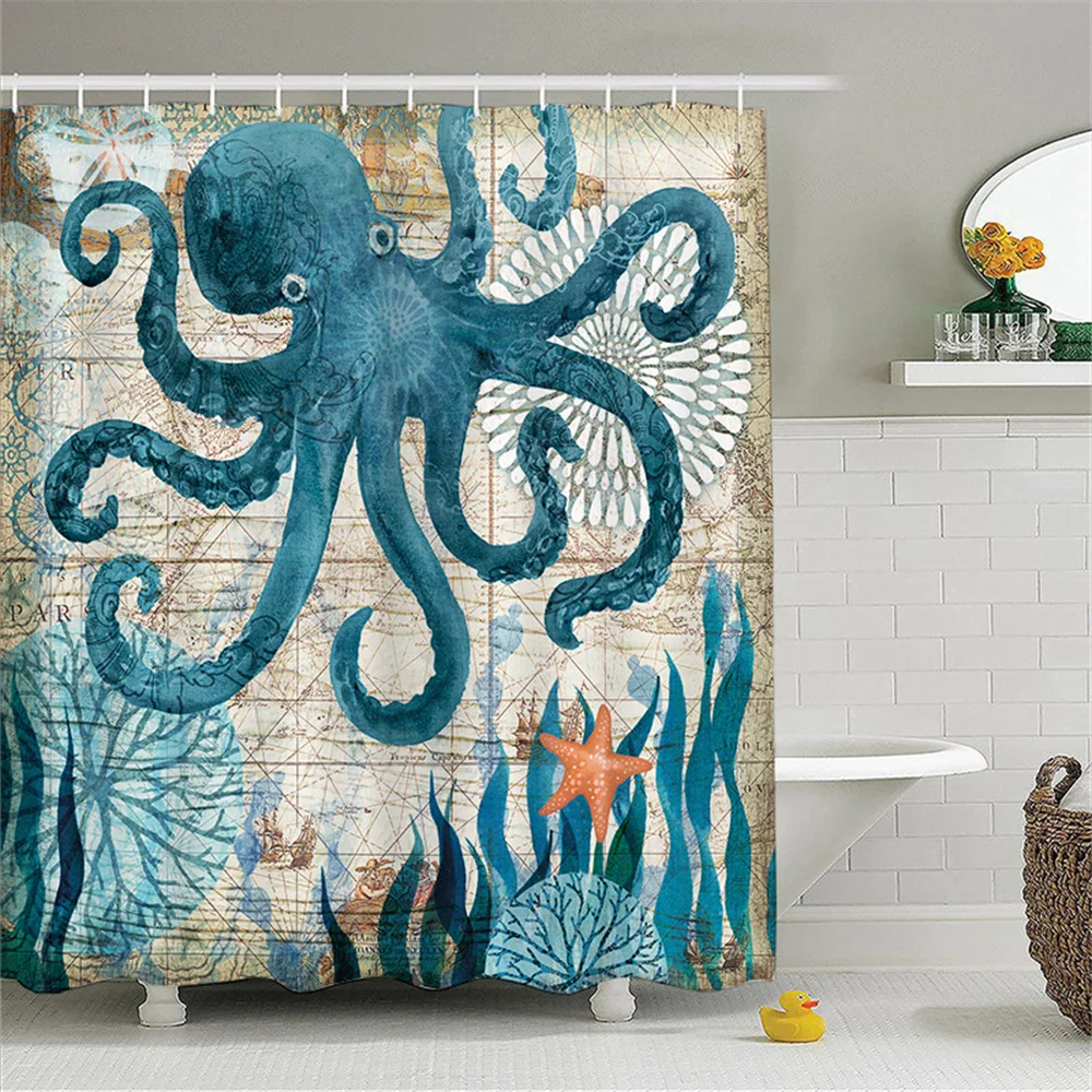 Deep Sea Octopus Bathroom Curtain Egyptian Woman Leaf Shower Curtain Bathroom Polyester Waterproof Fabric Trim with Hooks