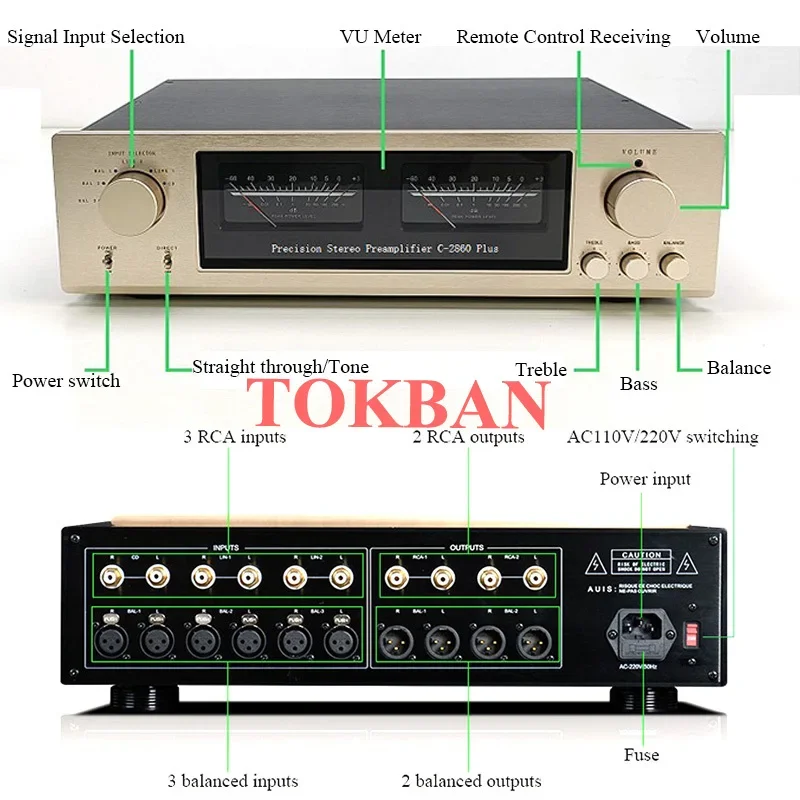 Tokban Reference Accuphase C2860Plus Preamplifier Fully Balanced XLR Preamp Treble Bass Adjustable Vu Meter HIFI Preamplifier