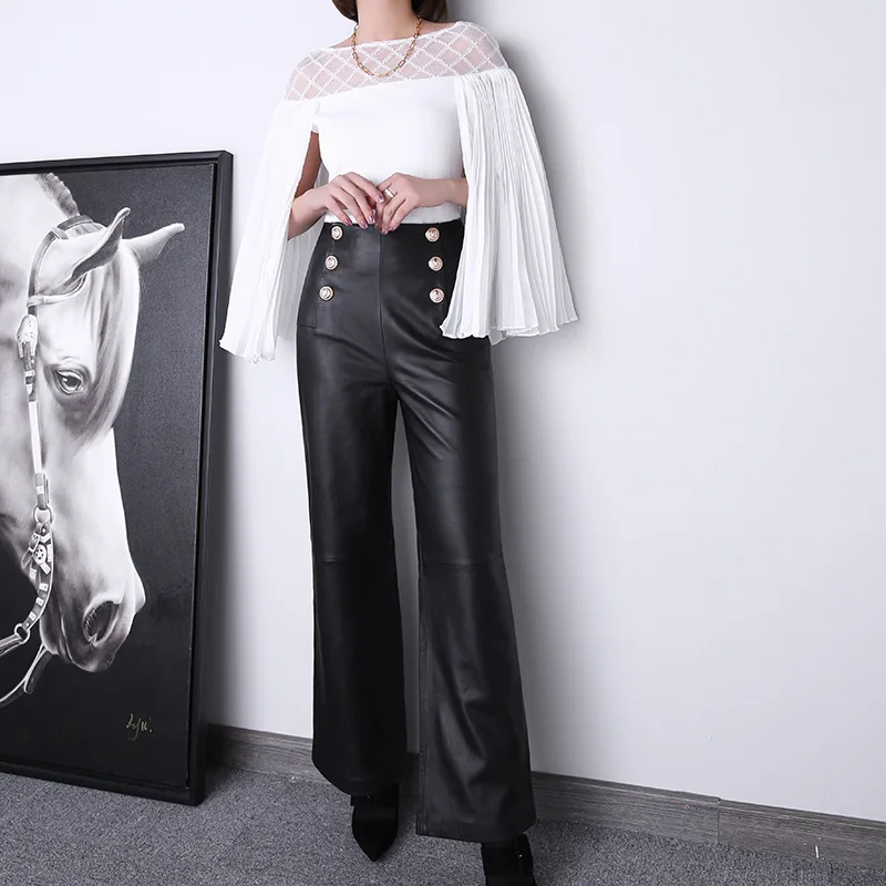 2024 Women Spring New Genuine Lambskin Leather Pants High Waist Metal Buckle Wide Leg Leather Pants E27