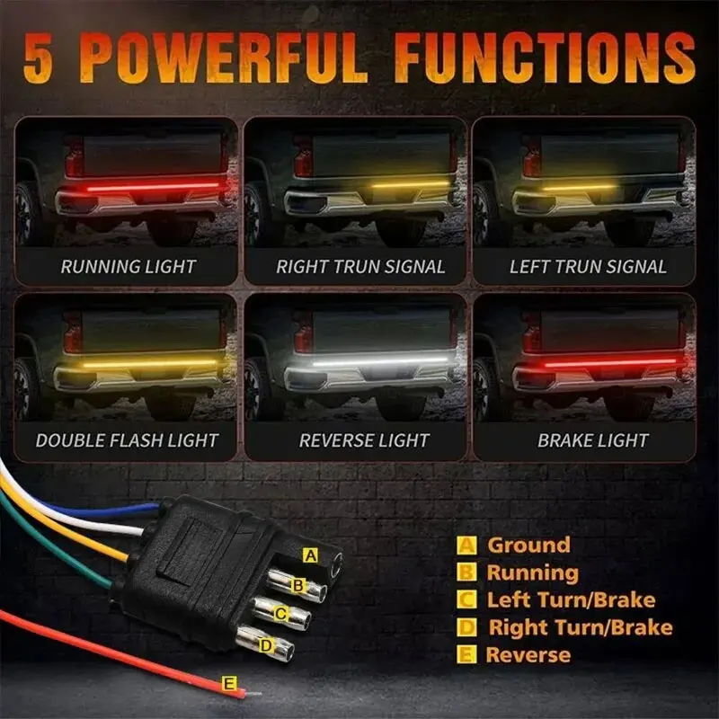 LED Car Tailgate Light Brake Turn Signal Light Pickup Truck Tail Light Running Reverse Light Double Flash Lights 12V 48/60 Inch