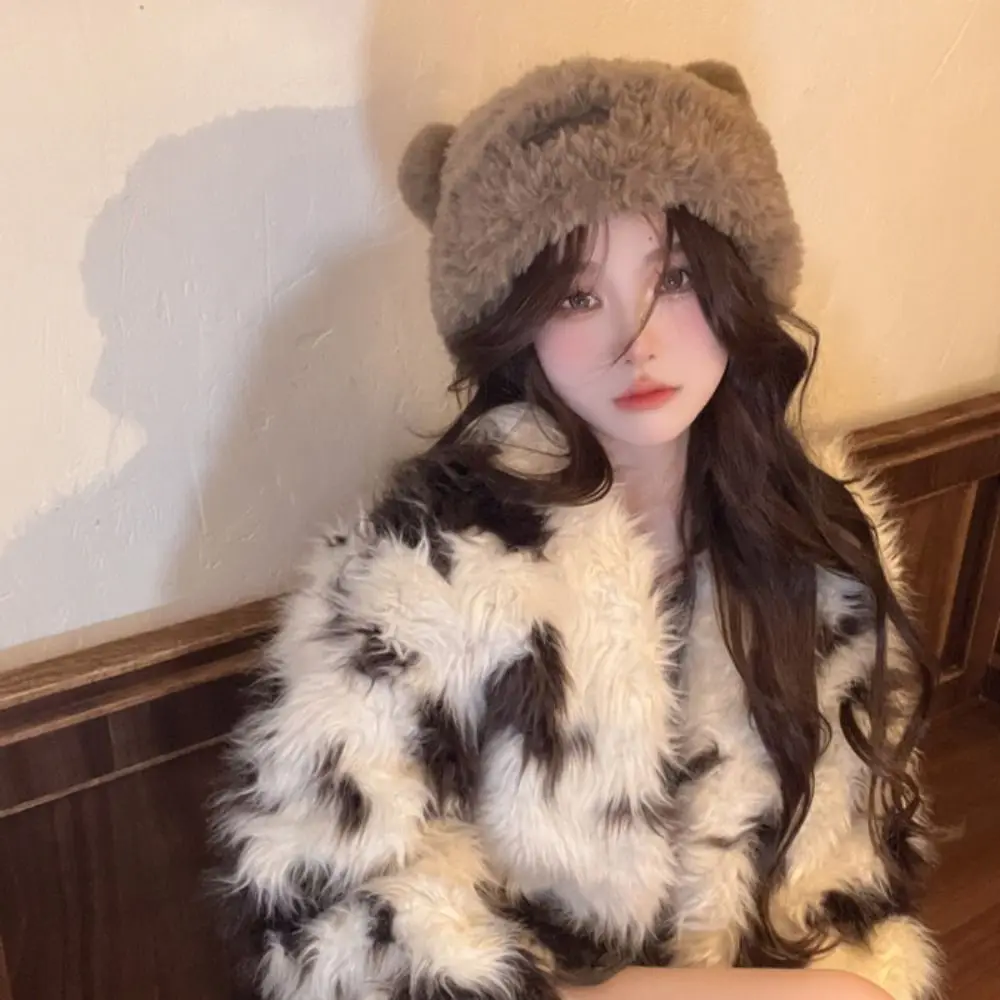 

Versatile Korean Style Bear Hat Soft Thickened Fluffy Beanie Hat Headgear Comfortable Pullover Hats Women