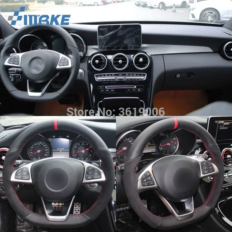 For Benz C200 C250 High Quality Hand-stitched Anti-Slip Black Leather Black Suede Red Thread DIY Steering Wheel Cover