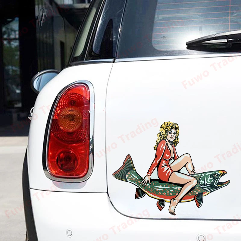 Fashionable Woman Riding A Fish  Fishing Funny Car Stickers Cartoon Personality Decals Waterproof Car Goods