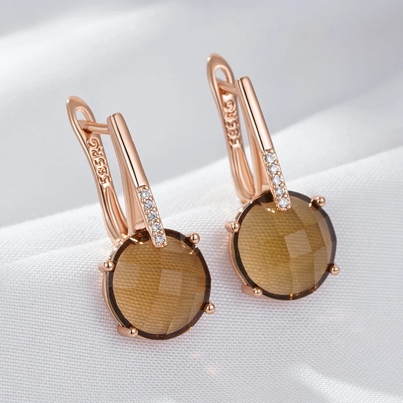 Kinel Fashion Round Light Brown Natural Zircon English Earrings for Women Simple 585 Rose Gold Color High Quality Daily Jewelry