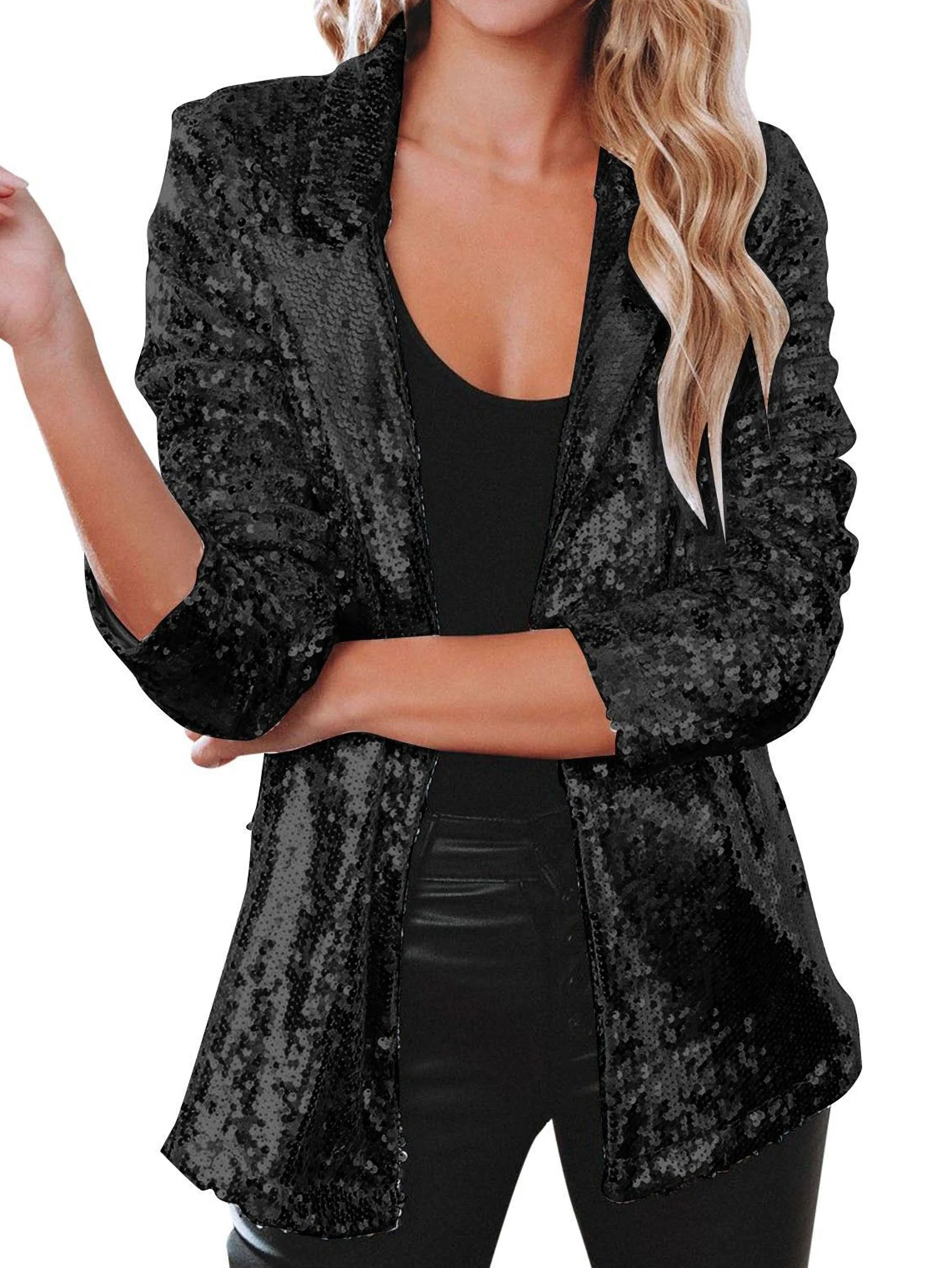 

Женский осенний пиджак, модный вечерний однотонный уличный пиджак с блестками и длинными рукавами на молнии с открытой передней частью