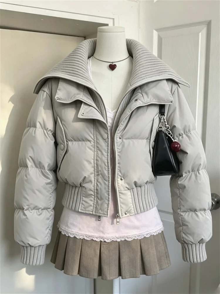 2000s Vintage Aesthetic Women Cropped Puffer Coat Faux Fur Hood Zip‑Up Long Sleeve Winter Streetwear Insulated Outer Jacket New