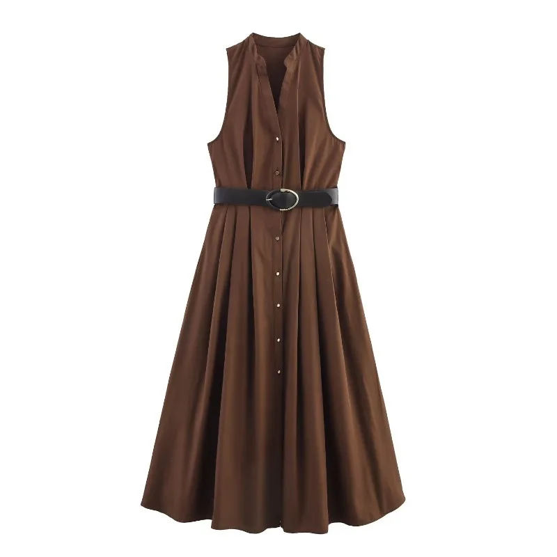 Vintage braune Damen-Freizeitkleider, einreihig, ärmellos, plissiert, Kleid, Mode, 2025, Sommer, Streetwear, langes Kleid mit Gürtel