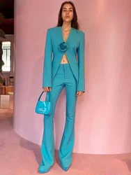 HIGH STREET Newest Fashion 2024 Designer Suit Set Women's Three Dimensional Flower Collarless Blazer Flare Pants Set