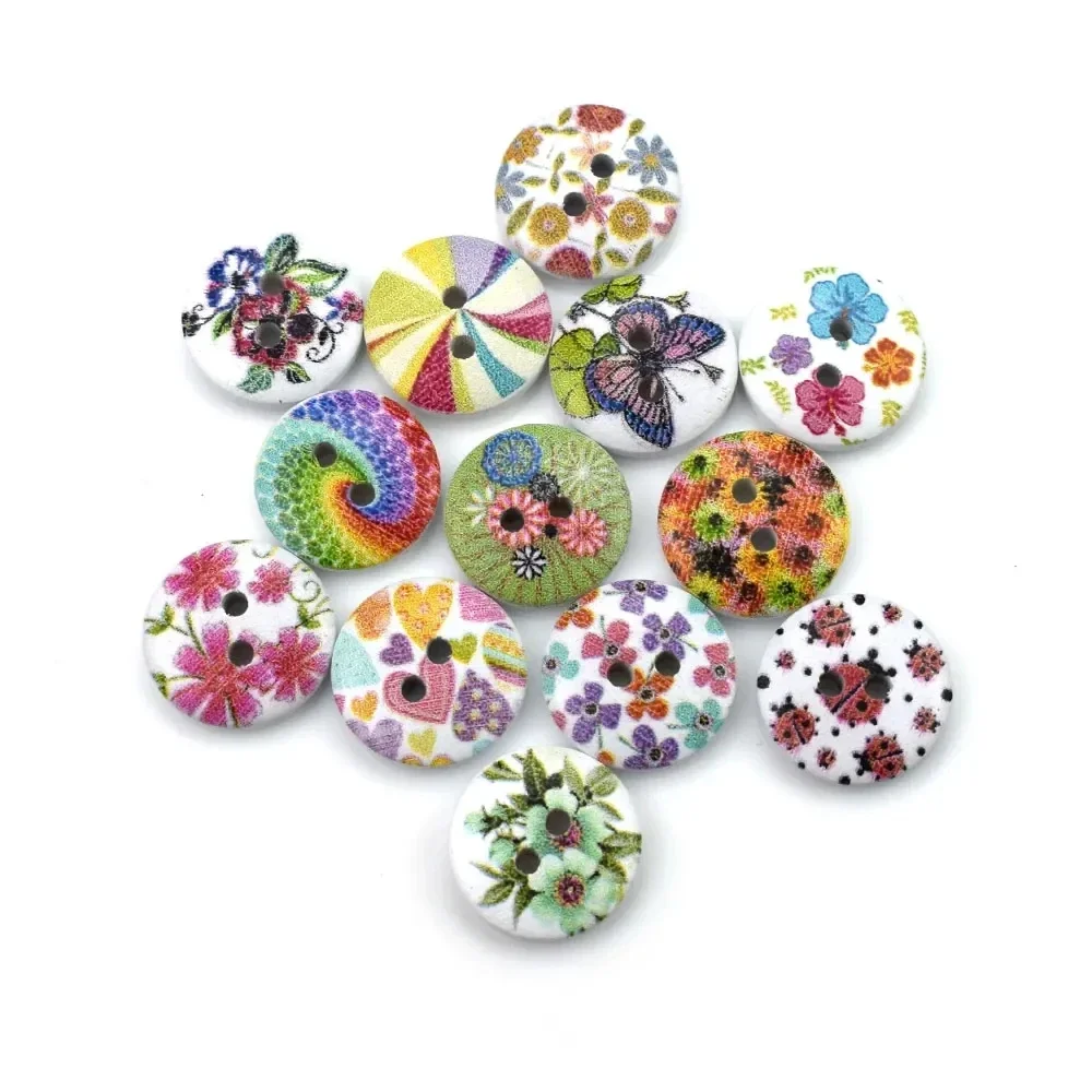 50Pcs 2 Holes Wood Buttons Craft Handmake Scrapbooking Sewing Clothing Accessories 15mm Buttons Flower Painted Sewing Crafts