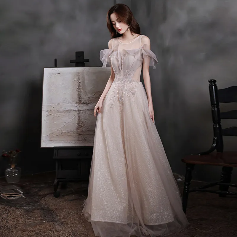 

Evening Dress O-Neck Elegant Sequins Floor-Length Ruffles Short Sleeves A-Line Lace Up Pleat Tulle Woman Formal Party Gown A2488