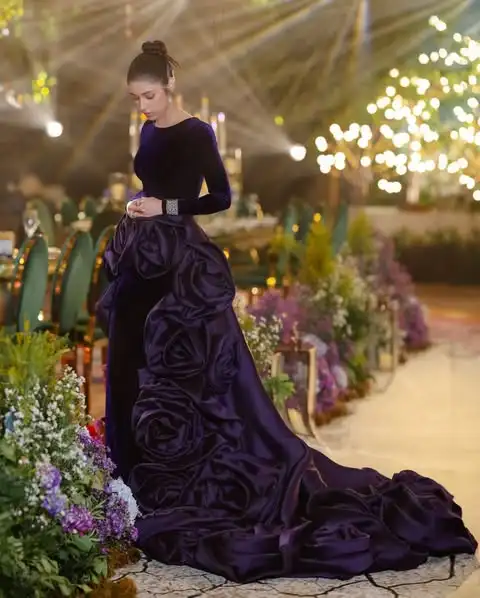 Elegant Dark Purple Bloom Velvet Long Formal Dress With 3D Handmade Flower Detacahble Train Muslim Long Porm Gowns