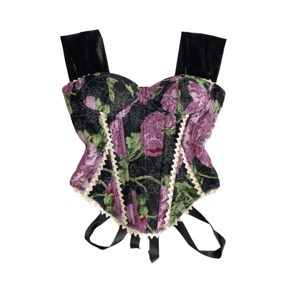 Tank Top Slim Fit Fishbone Corset Floral Print Sleeveless Women's Camisole Lace-up Back Crop Tops Beach Wear