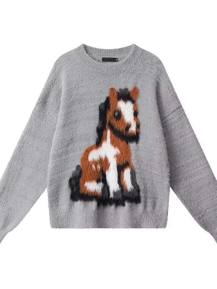 Suéter Retro Americano de Gamuza con Parches Tejidos, Estilo Hoado para Hombre, Estilo Pareja, Cuello Redondo, Manga Larga,...