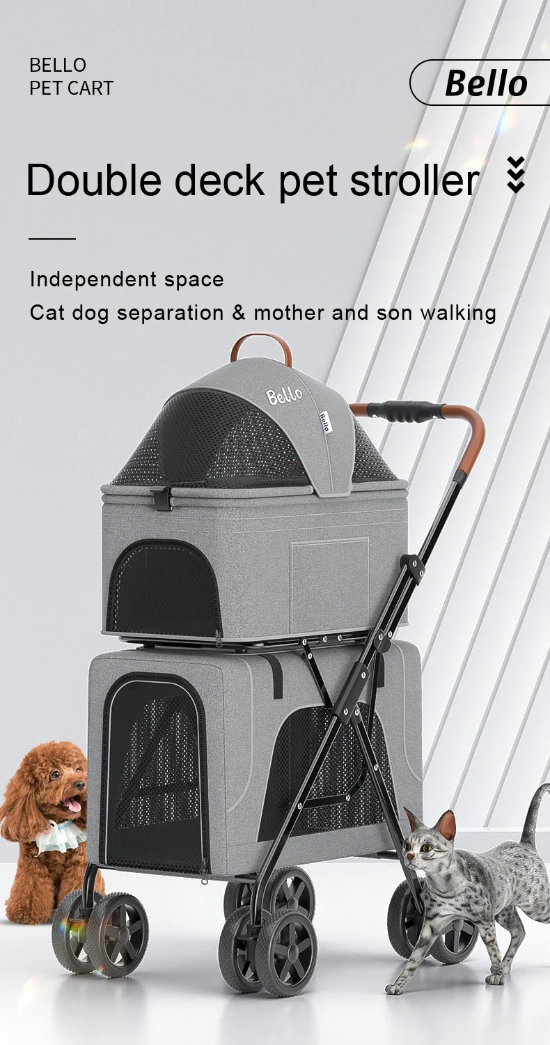 Portable Double Pet Carriers Foldable 4-Wheel Strollers for Small Dogs and Cats Fabric and Oxford Material for Outdoor Travel