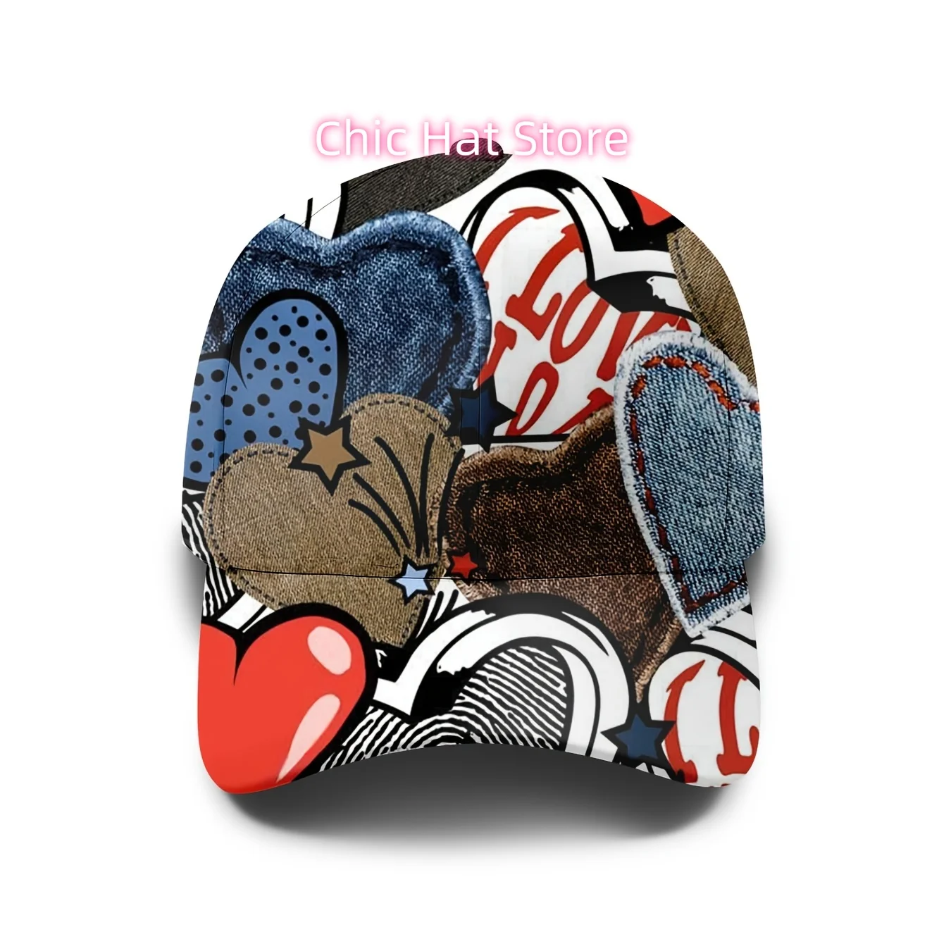 Caring Cowboy Spliced Printed Baseball Cap, Cartoon Heart-Shaped Pattern Hat, Trendy Street-Style Cap, Adjustable for Men And Wo