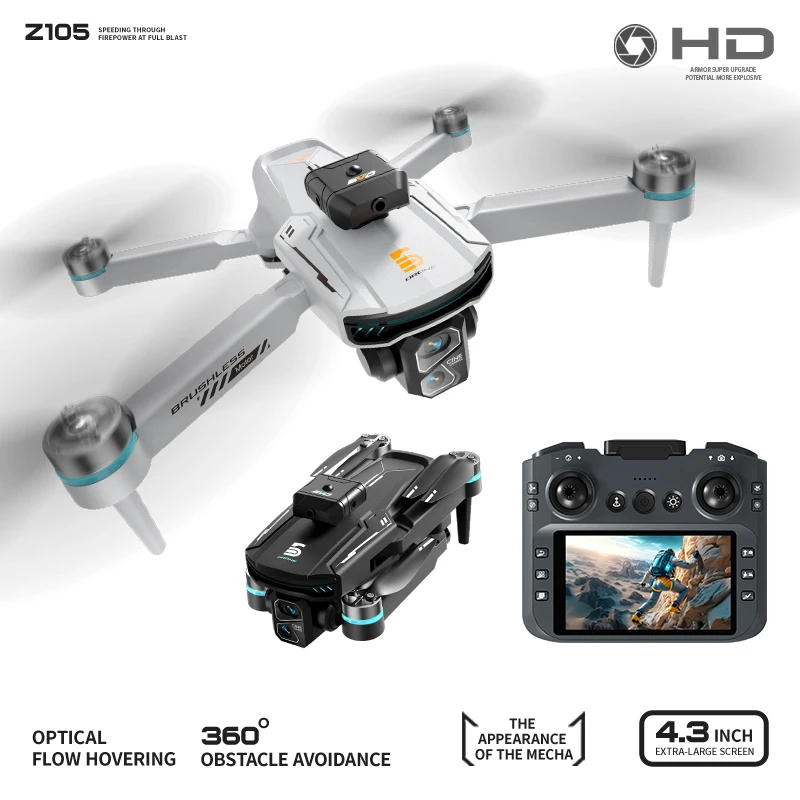 Drone Z105 Brushless Layar Besar 4.3 Remote Kamera 4K Optical Flow Hindar Rintangan 360 Mecha Quadcopter