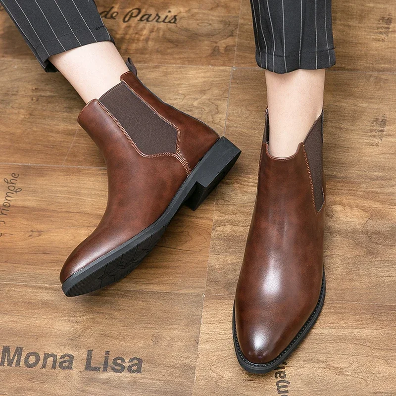 Fashion Pointed Toe Men Chelsea Boots Designer Italy Business Office Ankle Boots Dress Shoes Sapato Masculino Big Size 48