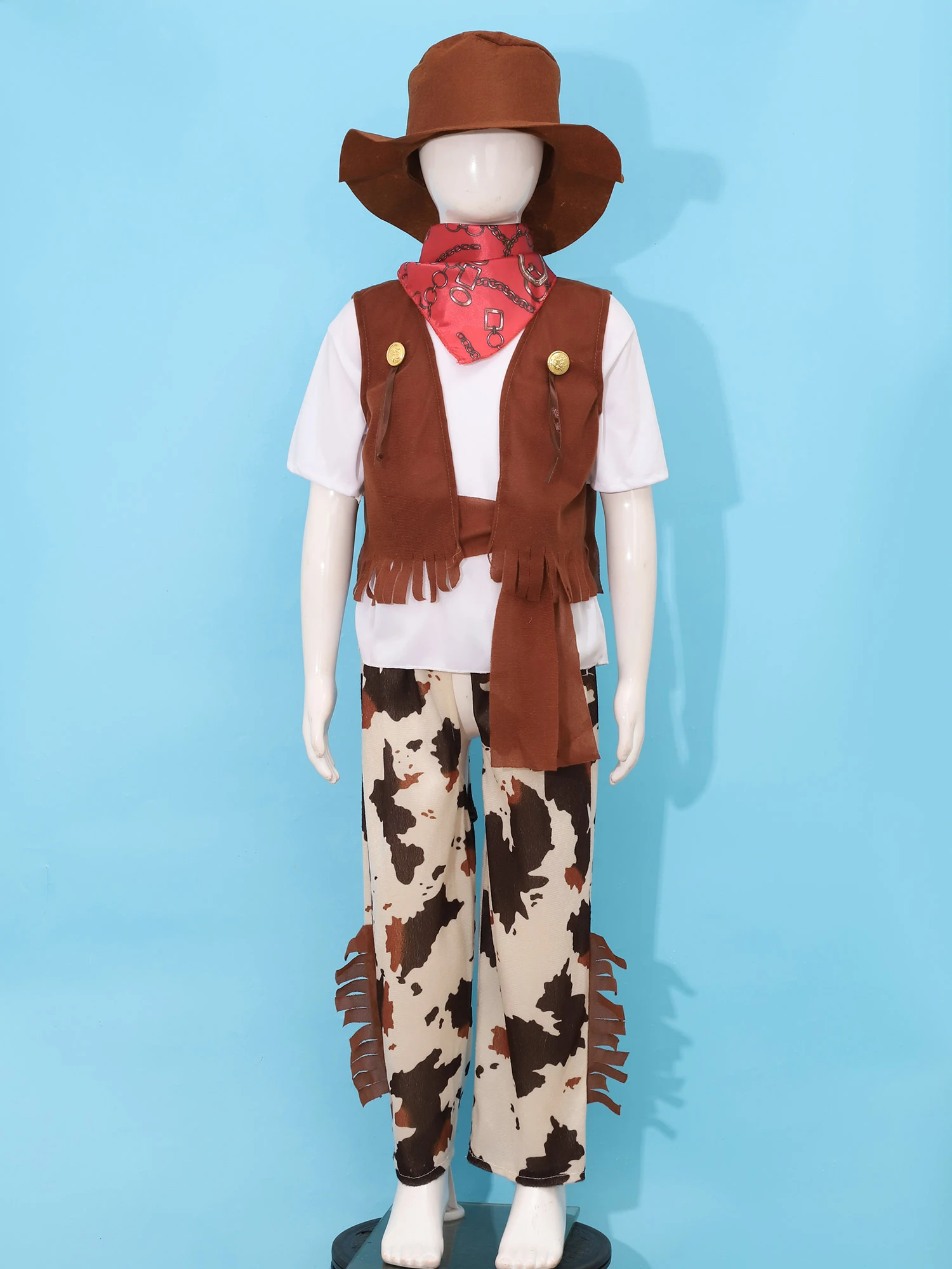 Costume de Cosplay Western Cowboy pour Garçons, T-shirt à Manches Courtes avec Pantalon, GlaHat, Ceinture Bandana, Ensemble pour ixà Thème, Carnaval, Halloween