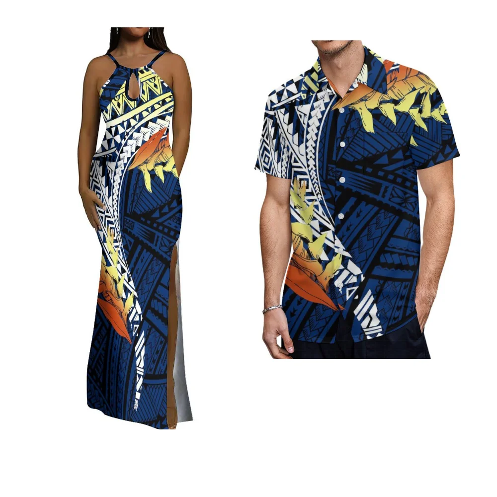 Robe d'été sans manches pour femmes et hommes, chemise polynésienne Sexy, col rond, fendue, vêtements de Couple de l'île Samoan