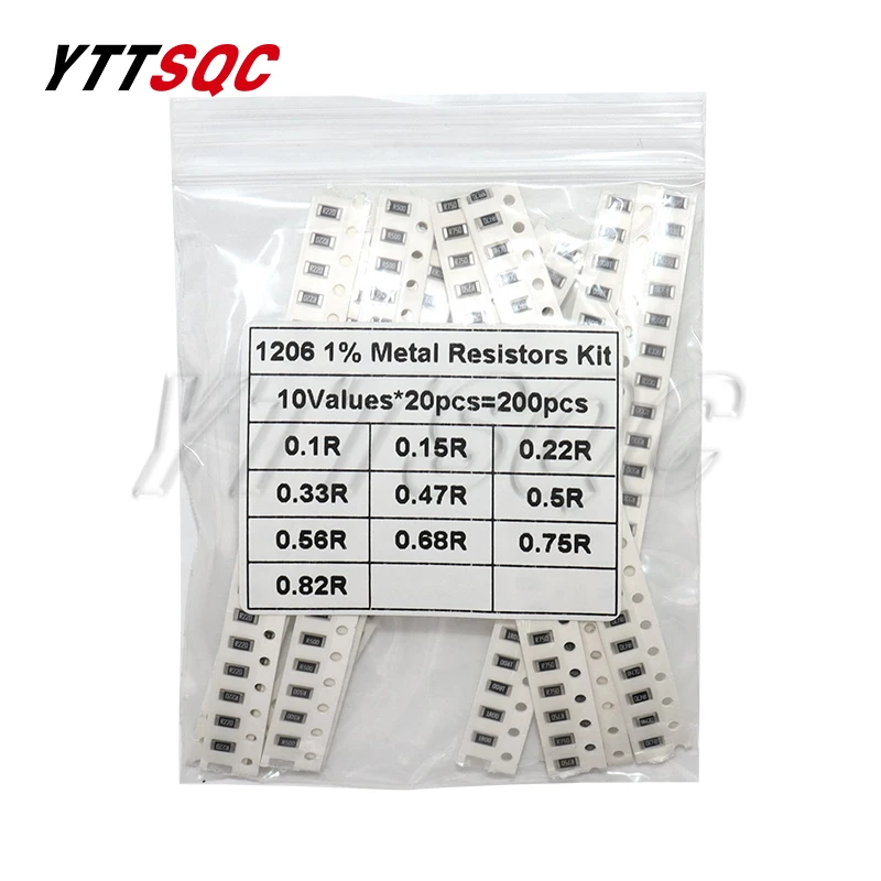 200PCS 1% 1206 SMD resistor assorted kit set 10 valueX20pcs=200pcs 1R00 R820 R750 R620 R500 R470 R330 R220 R150 R100