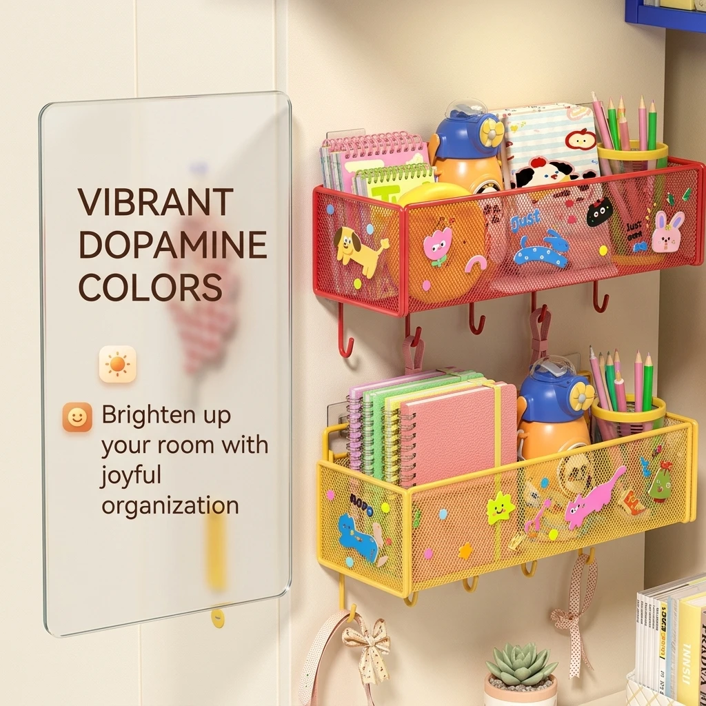 Red Metal Dopamine Storage Rack,No Drilling Installation,Scratch-Free,Wall-Mounted or Desktop Organizer for Home Kitchen